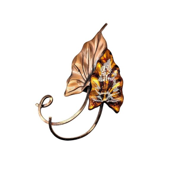 Matisse Renoir Brooch Large Vintage Signed Copper & Enamel Double Leaf Pin - Picture 5 of 10